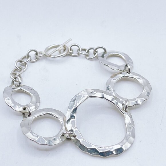 Hammered Sterling Silver Link Toggle Clasp Circular Design Bracelet - Picture 1 of 6